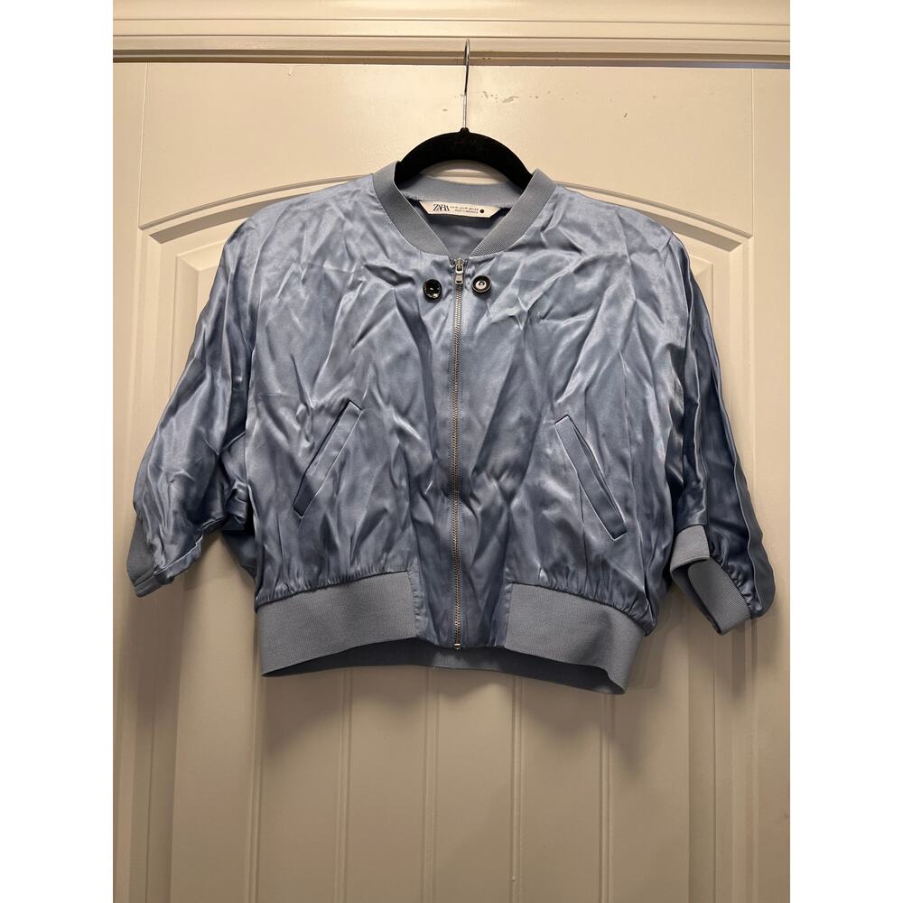 Zara Women’s Glossy Full Zip Cropped Jacket Size M Blue Lightweight Shinny Satin